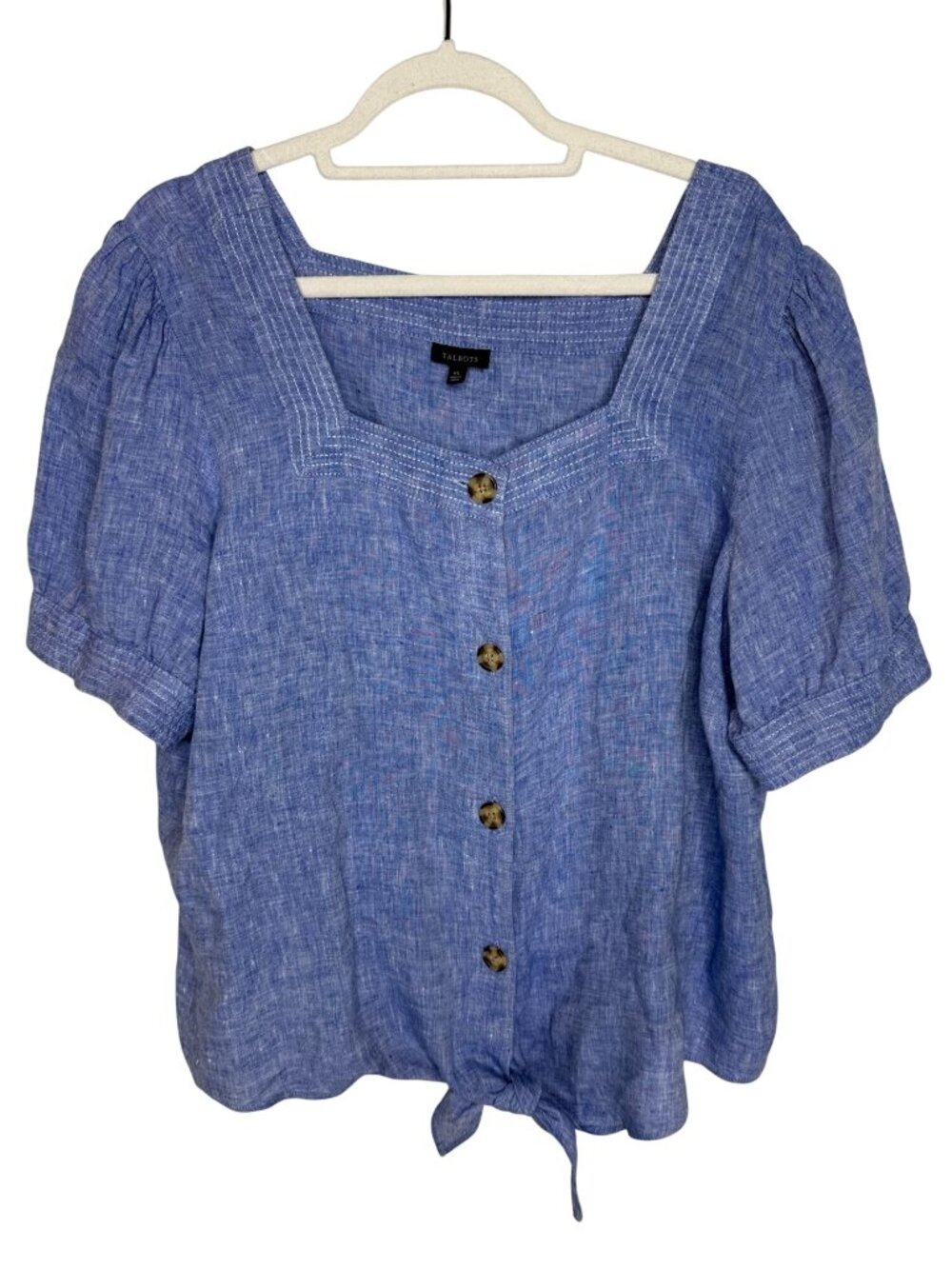 Talbots Womens XL 100% Linen Blue Tie Front Blouse Puff Sleeve Coastal Preppy